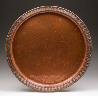 Large Arts & Crafts Hammered Copper & Silver Tray c1910s