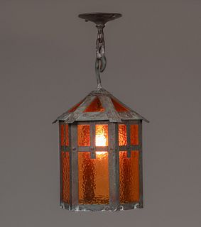 Arts & Crafts Copper & Amber Glass Hanging Lantern c1910s