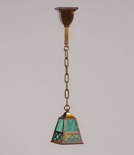Arts & Crafts Brass & Slag Glass Hanging Light c1910s