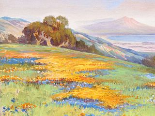 Arthur Best CA Poppies & Lupine Mt Tamalpais Watercolor c1910