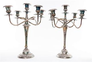 A Pair of Italian Silver-plate Five-Light Candelabra Height 16 3/8 inches.