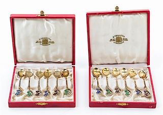 * A Set of Twelve Danish Enameled Silver Spoons Length 3 3/4 inches.