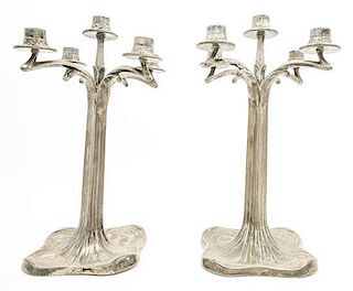 * A Pair of Art Nouveau Silver-plate Candelabra Height 15 1/4 inches.