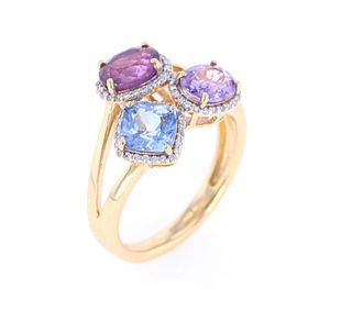 Multi Color Sapphire VS2 Diamond & 18k Gold Ring