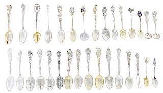 * Thirty Silver and Enameled Silver Souvenir Spoons and Forks Average length 5 1/2 inches.