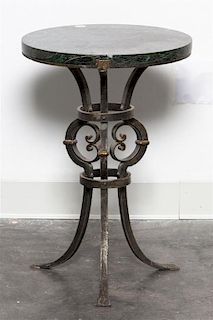 * A Neoclassical Marble and Steel Side Table Height 22 x diameter 15 3/4 inches.