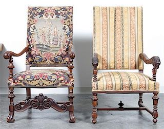 Two Upholstered Armchairs. Height of first 47 1/4 inches.