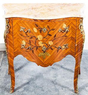 * A Louis XV Style Marquetry and Metal Mounted Commode Height 31 1/2 x width 33 1/4 x depth 18 inches.