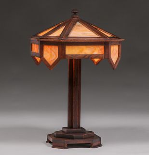 Brooks Furniture Co #416L Oak & Slag Glass Lamp c1910