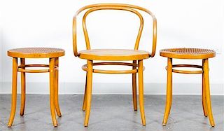 A Thonet Style Bentwood Armchair and Two Ottomans Height 30 1/2 inches.
