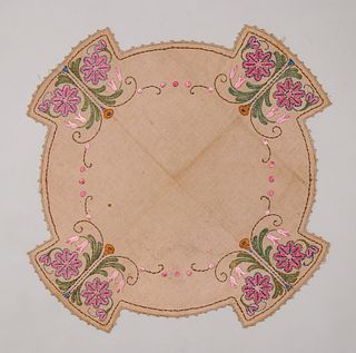 Arts & Crafts Hand Embroidered Pink Floral Linen c1910