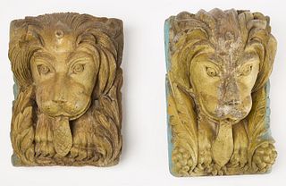 Pair of Carved and Painted Lions Heads