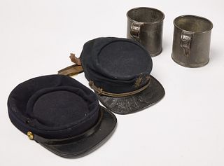 Lot 2 Early Civil War Caps & 2 Tin Cups