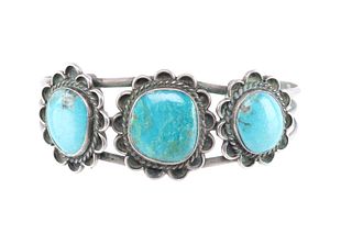 Navajo Silver Floral Conchos & Turquoise Bracelet
