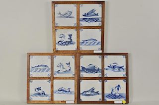 Twelve Framed Delft Tiles Depicting Sea Creatures