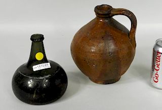 Early Green Glass Bottle & Stoneware Jug