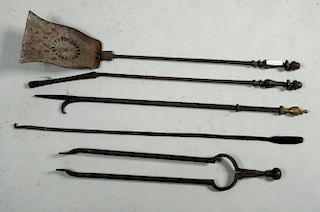 Five Wrought Iron & Brass Fireplace Tools
