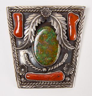 Large Navajo Silver Turquoise and Coral Bolo