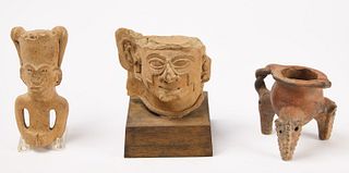 Pre-Columbian Warrior Mask, Figure, Tripod vessel
