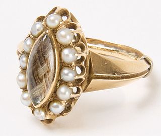 Victorian Hair Mourning Ring with Seed Pearls
