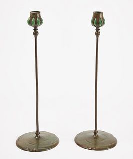 Tall Pair of Tiffany Studios Bronze Candle Sticks