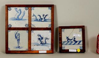 Five Delft Framed Tiles Depicting Sea Creatures