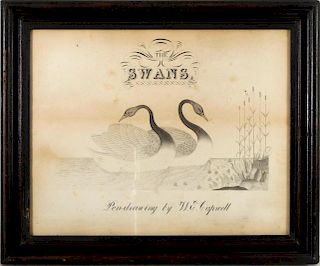 Folk Art Pen Drawing "The Swans", Signed