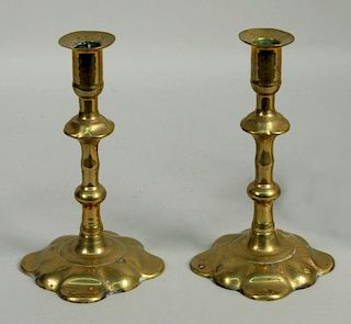 Pair Queen Anne Brass Petal Base Candlesticks