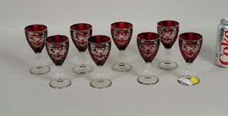 Eight Small Cranberry Glass Silver Overlay Wines