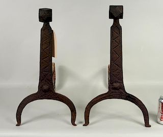 Pair Wrought Iron Andirons, Incised Decoration