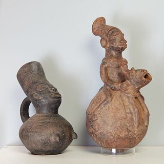 Mangbetu Peoples, (2) figural pottery vessels