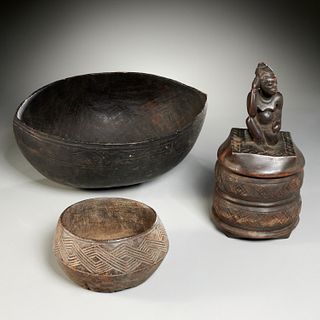 (3) African carved wood storage vessels
