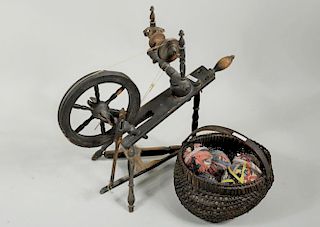 Small Spinning Wheel & Basket Of Rag Balls