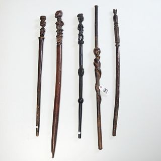 Group (5) African anthropomorphic wood staffs