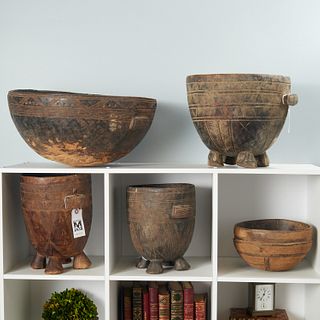 Group African carved wood bowls and mortars