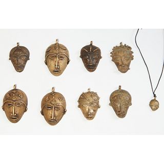 Baule Peoples, (9) bronze mask pendants
