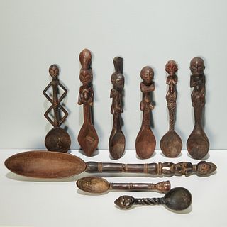 Group African carved wood spoons, various tribes