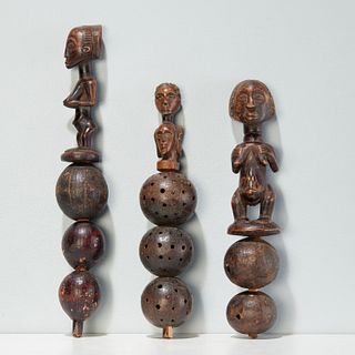 Luba Peoples, (3) carved dance rattles