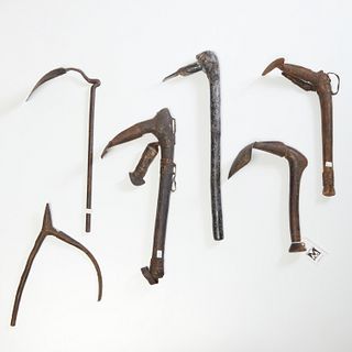 Group African wood and iron tools, incl. hoes