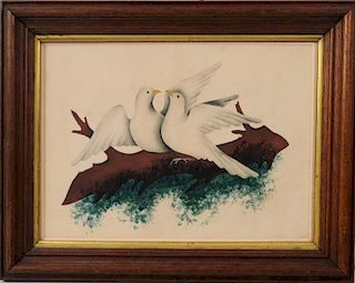 Folk Art Theorem On Paper Depicting Pair Of Doves