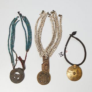 (3) African metalwork medallion necklaces