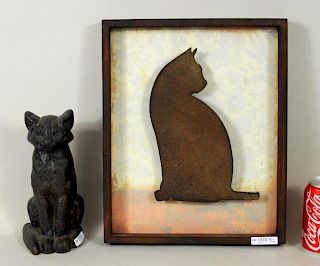 Cast Iron Cat Doorstop & Framed Sheet Iron Cat