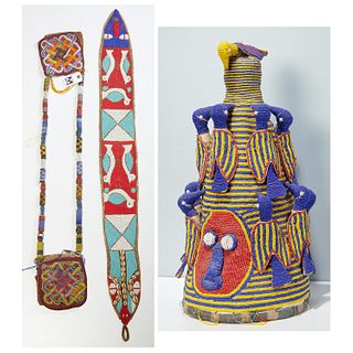 Yoruba Peoples, beaded crown, sash, and bag