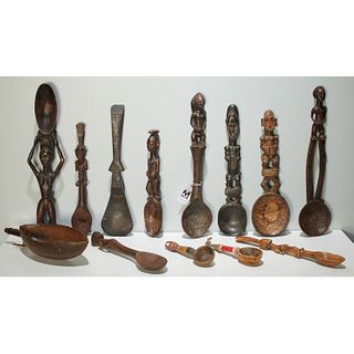 Group African carved wood spoons