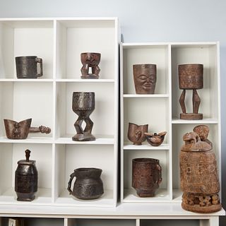 Group (12) Kuba & Pende style carved wood vessels