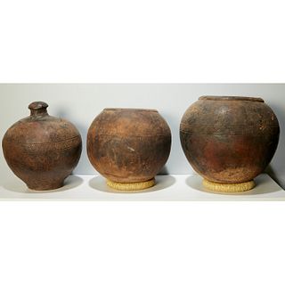 Gurunsi Peoples, (3) dark terracotta containers