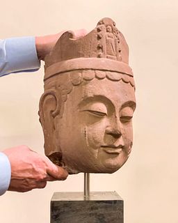 Chinese Carved Red Sandstone Buddha Head