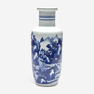 A Chinese blue and white porcelain rouleau vase 青花山水人物纸槌瓶 