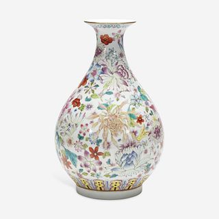 A Chinese famille rose-decorated "100 Flowers" vase, Yuhuchunping 粉彩百花瓶 Xuantong six-character mark and possibly of the period 宣统六字款 或清宣统