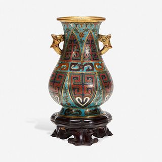 A Chinese cloisonné archaistic small vase with carved wood stand 掐丝珐琅小樽带底座